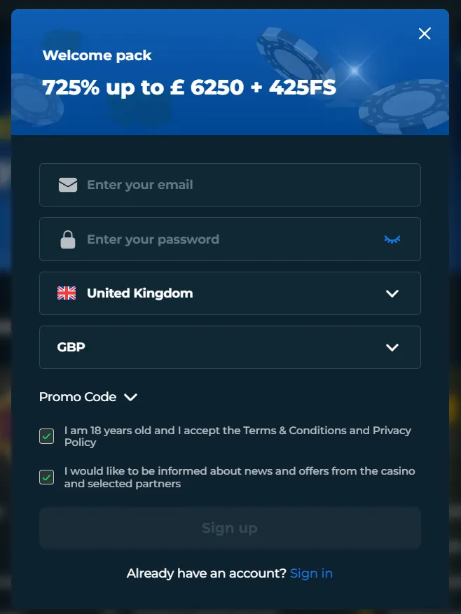RollySpin Casino quick registration and sign-up process