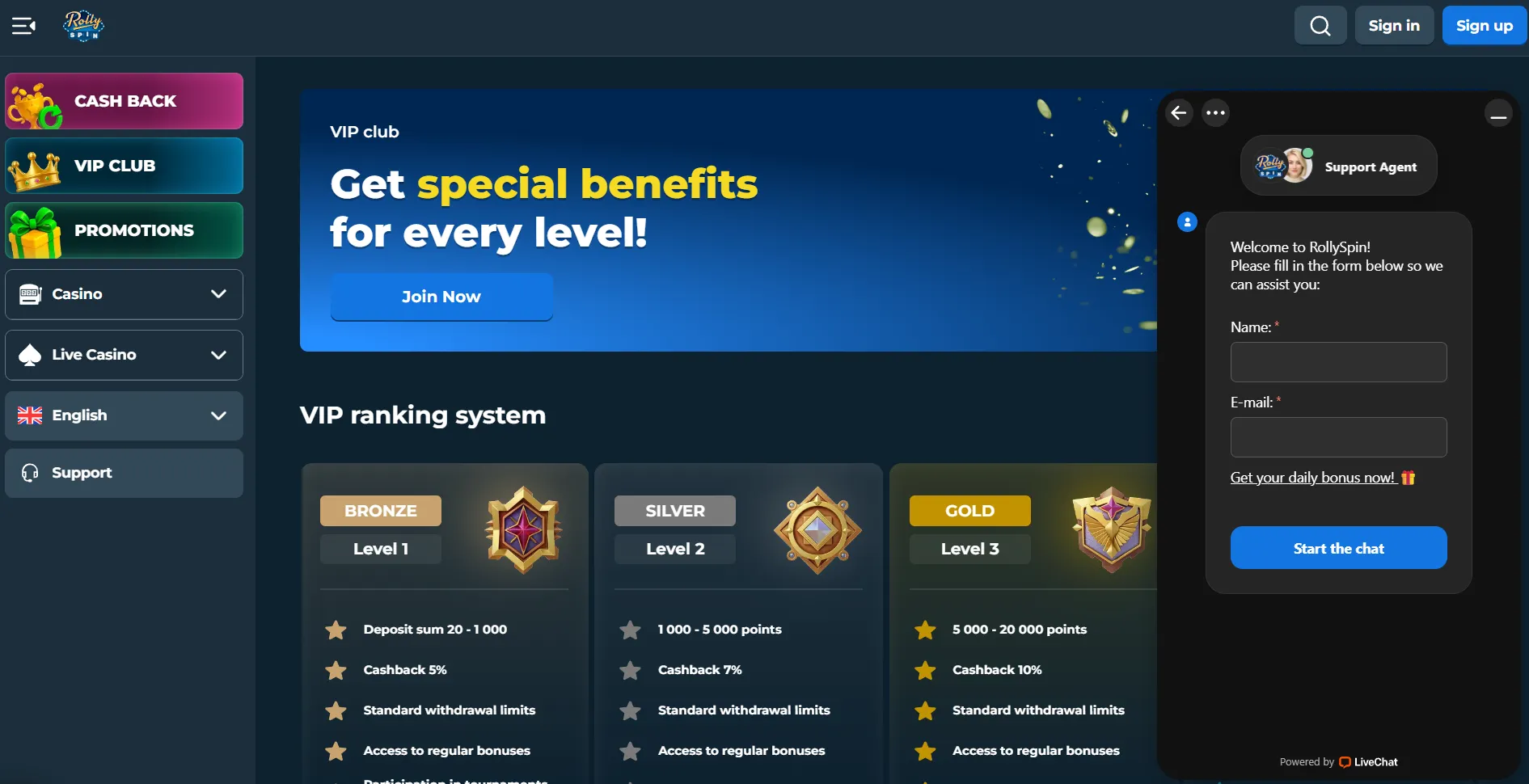 RollySpin Casino customer support and live chat